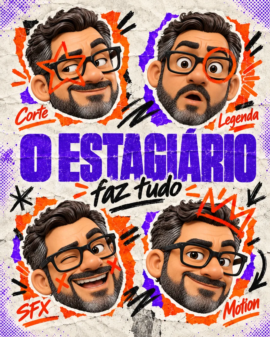 Pôster: O estagiário faz tudo — corte, legenda, SFX e motion